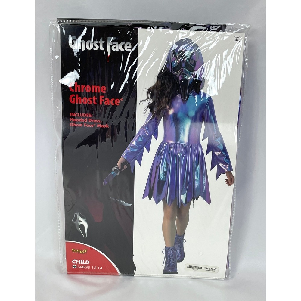 Spirit Halloween Girl Medium 8-10 Chrome Ghost Face Purple Hooded Dress Costume